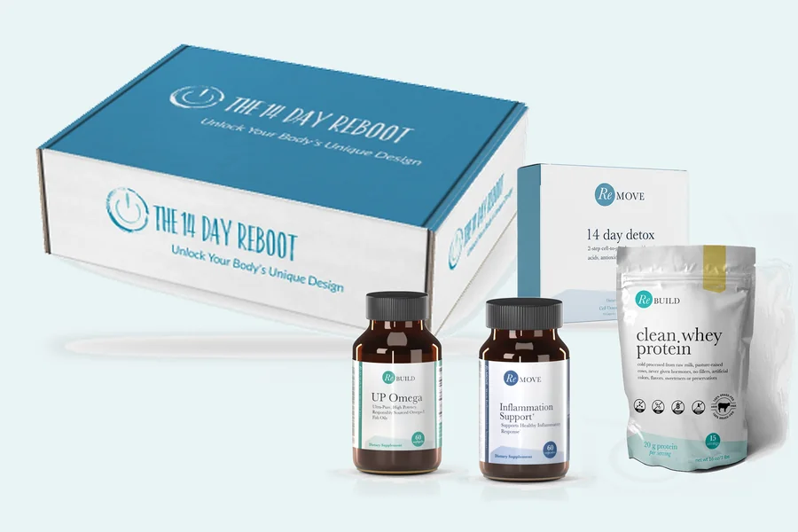 The 14 Day Reboot Kit box with the 14 Day Detox, UP Omega, Inflammation Support and Clean Whey Protein